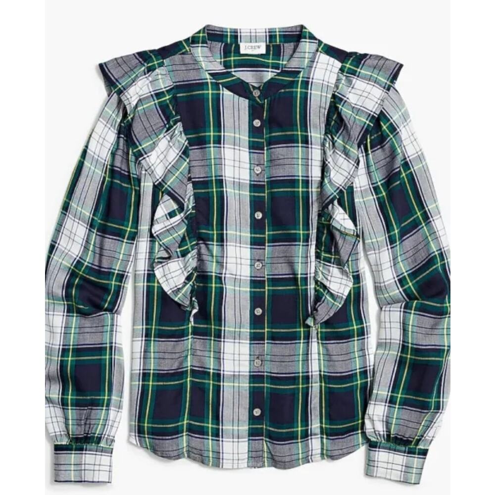 J.Crew | Green + Navy Blue Plaid Button-Front Ruffle Top | Size Medium